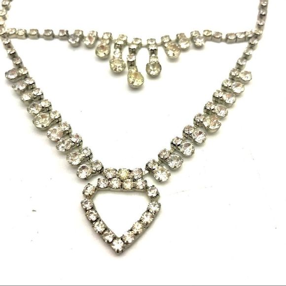 𝅺Double Drop Rhinestone Necklace Silver Vintage - Picture 6 of 14